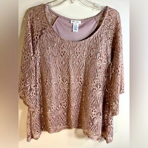 Brittany Black Pink Sequin Lace 3/4 Sleeve Blouse Women's Sz L